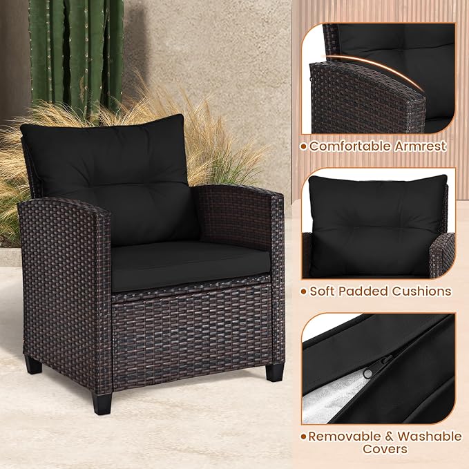 3-Pieces Patio Furniture Set, PE Wicker Chairs Sofa Set with Removable Cushions & Glass Top Side Table, Outdoor Wicker Rattan Conversation Chair for Porch,Backyard, Balcony (Black)