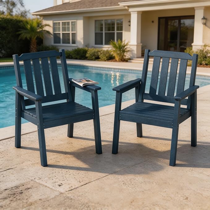 Outdoor Dining Chairs Set of 2, HDPE Patio Chairs 650LBS Capacity All-Weather Yard Armchair with Slatted Seat, 23.9" Wide Heavy Duty Modern Backyard Furniture for Garden, Poolside, Deck (Navy Blue)