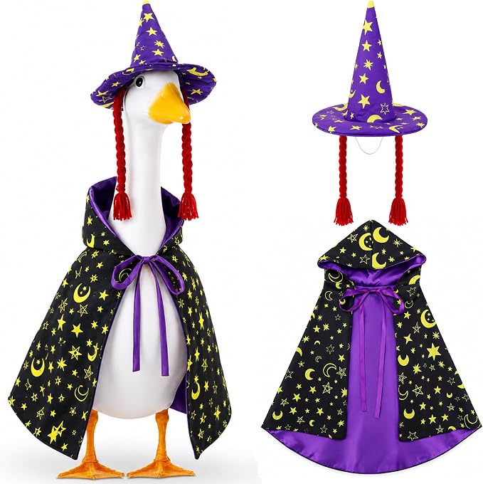 Watayo 2 Pcs/Set Halloween Witch Porch Goose Outfits, Purple Witch Goose Clothes Included Cape and Braid Hat, Spooky Porch Goose Accessories for 23 Inch Lawn Statue Garden Outdoor Decor