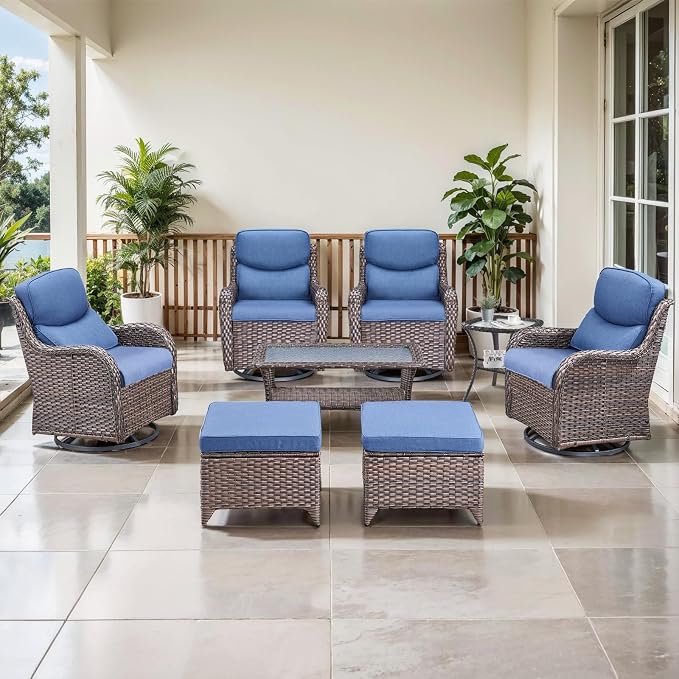 Outdoor Swivel Rocker Patio Chairs Set of 4 with Coffee Table - 5" Thick Cushion 8 Piece Furniture Set All Weather Comfortable Wicker Conversation Set for Porch Deck - Brown/Blue