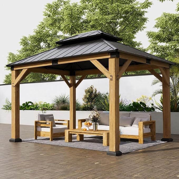 Jocoevol 10' X 12' Wood Gazebo Hardtop Outdoor Permanent Pavilion with Double Galvanized Steel Roof Snow Support, Wind Resistance for Backyard Garden, Lawns, Patio
