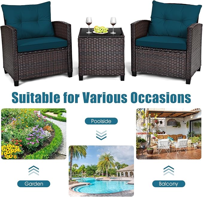 3-Pieces Patio Furniture Set, PE Wicker Chairs Sofa Set with Removable Cushions & Glass Top Side Table, Outdoor Wicker Rattan Conversation Chair for Porch,Backyard, Balcony (Peacock Blue)