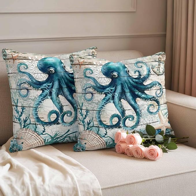 Teal Octopus Coastal Waterproof Outdoor Pillow Covers Set of 2 Home Decor, Summer Beach Nautical Starfish Retro Pillowcase Patio Pillow Covers for Couch Bench Furniture Garden 18x18in