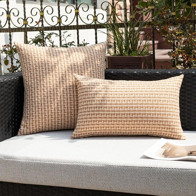 Kevin Textile Outdoor Waterproof 24"x24" Pillow Covers 2 Pack, Light Brown | Water Resistant Weaving Faux Linen Texture Throw Pillow Covers, Outside Decorative Pillowcases for Garden Patio Balcony Couch