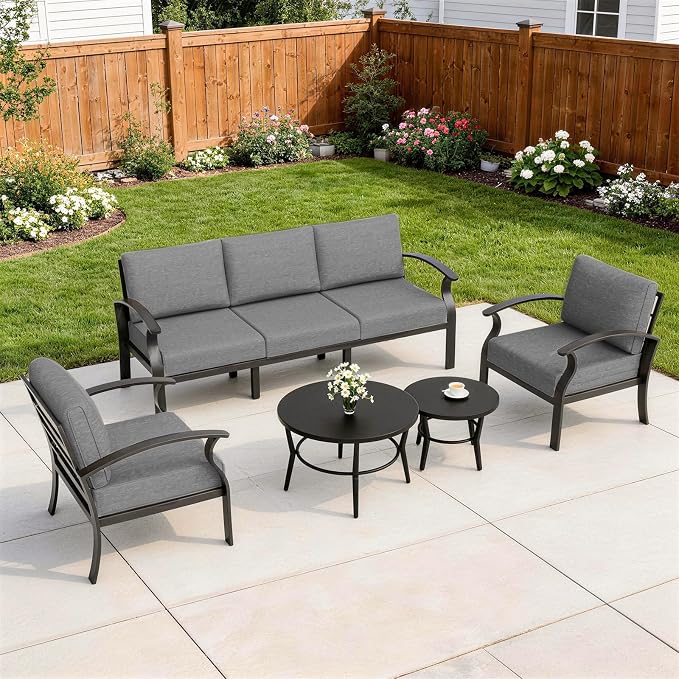 Kurapika Aluminum Patio Furniture Set 5-Seat Modern Metal Outdoor Conversation Sets w/5.1 Inch Cushion Patio Sectional Sofa with 2 Round Coffee Tables, Grey