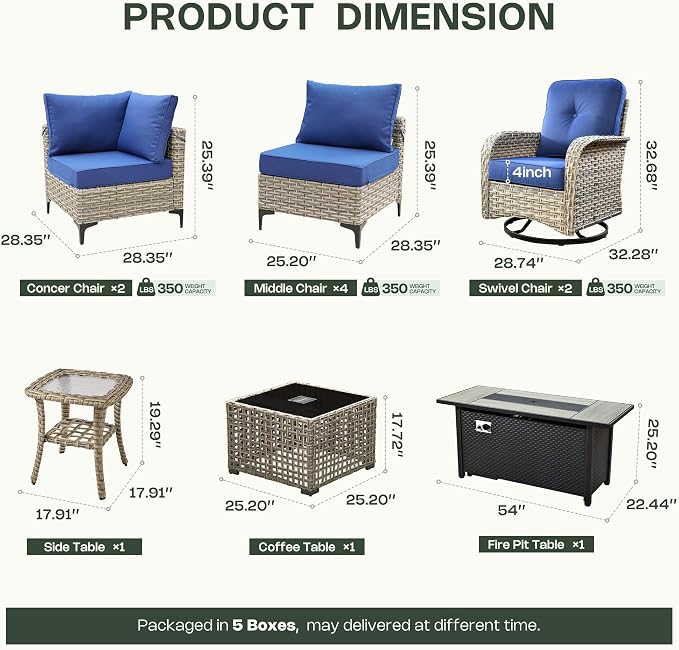 11 Piece Patio Furniture Set Outdoor Sectional with 54" Fire Pit Table, Wicker Swivel Rocking Chairs and L-Shaped Rattan Couch, Modular Conversation Set with Solar Coffee Table for Backyard, Navy Blue