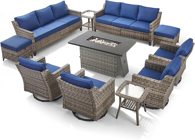 11 Pieces Patio Furniture Set with 42.5" Fire Pit Table-All Weather Wicker Outdoor Furniture with High Back Wicker Patio Chairs Set of 4 Outdoor Couch for Deck Backyard Gray/Blue