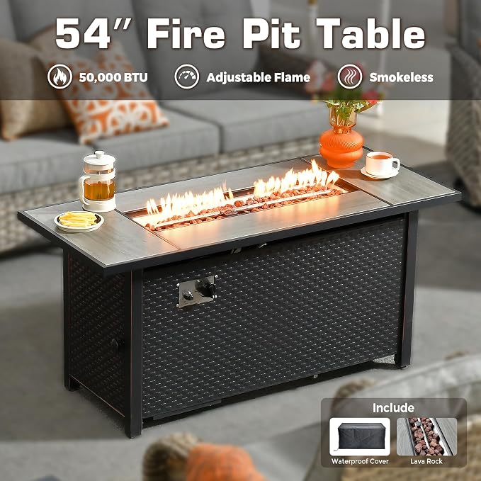 9 PCS Outdoor Patio Furniture Set with Fire Pit Table and Swivel Rocking Chairs,All Weather Wicker Rattan Patio Seating Sofa and Chair Set with Ottomans,Outdoor Conversation for Porch Deck Yard,Grey