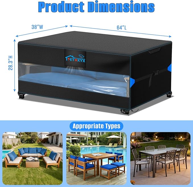 Outdoor Dining Table Cover, Translucent Rectangle Patio Dining Table Cover, 600D Oxford Waterproof Outside Table Covers Furniture Covers (64.2" L x 38" W x 28.3" H)