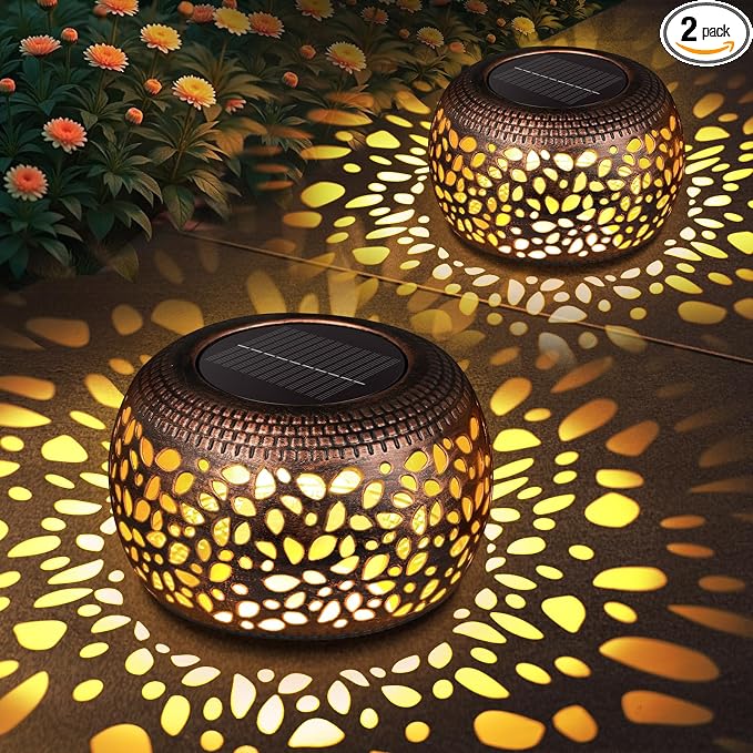 Solar Lanterns Outdoor Waterproof: 2 Pack Red Copper Metal Garden Lights | IP65 Hollow Out Vintage Table Solar Lights, 2 Lighting Modes, 600mAh Battery, Patio Yard Decor, Gardening Gifts for Friends
