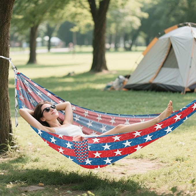 Patriotic Stars Camping Hammock, Portable Lightweight Single Hammock with Tree Straps and Aluminum Carabiners, 114" x 54" Travel Hammock for Hiking Backpacking Beach