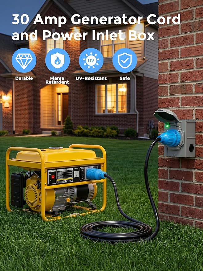 CircleCord 4 Prong 25 Feet 30 Amp Generator Extension Cord and Inlet Box with Locking Connector, Heavy Duty NEMA L14-30P/L14-30R, 125/250V 7500W 10 Gauge SJTW Generator to House Power Cord
