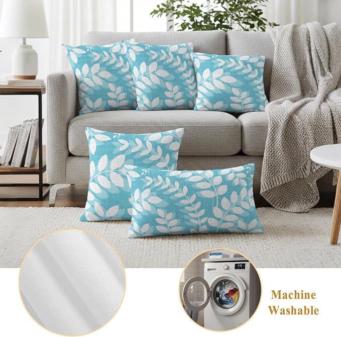 Light Blue Leaves Outdoor Waterproof Throw Pillow Covers 26x26 Set of 2, Farmhouse Botanical Branch Vintage Boho Leaf Decorative Pillowcases Cushion Pillowcase for Couch Sofa Patio Pillow Protector