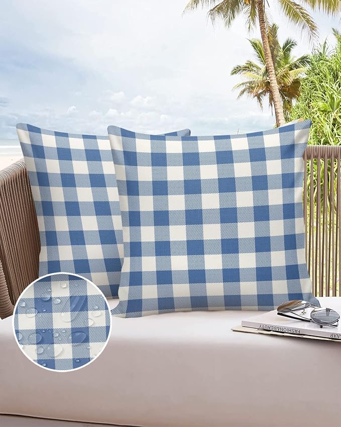Outdoor Waterproof Throw Pillow Covers Set of 2 Buffalo Plaid Blue Check Pillowcases 16x16 Inches Farmhouse Style Patio Decorative Pillows Cushion Case Patio Pillows for Couch Bed Chair Garden
