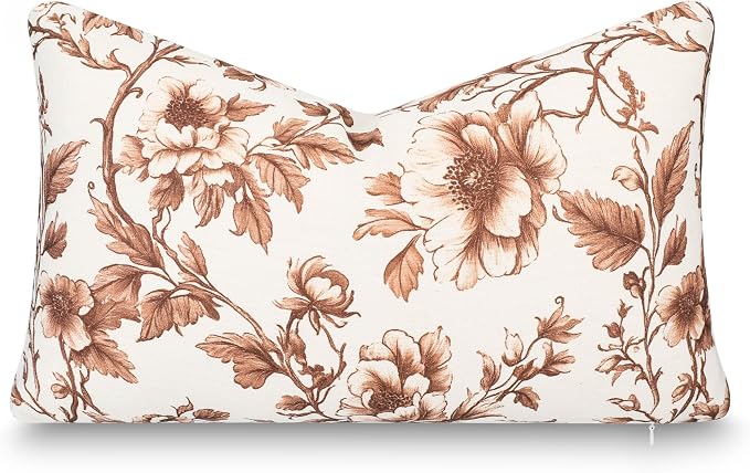 Modern Farmhouse California Casual Indoor Outdoor Lumbar Pillow Cover, 12"x20" Water Repellent for Patio, Backyard, Couch, Poolside, Cocoa Brown Print Vintage Chinoiserie Floral