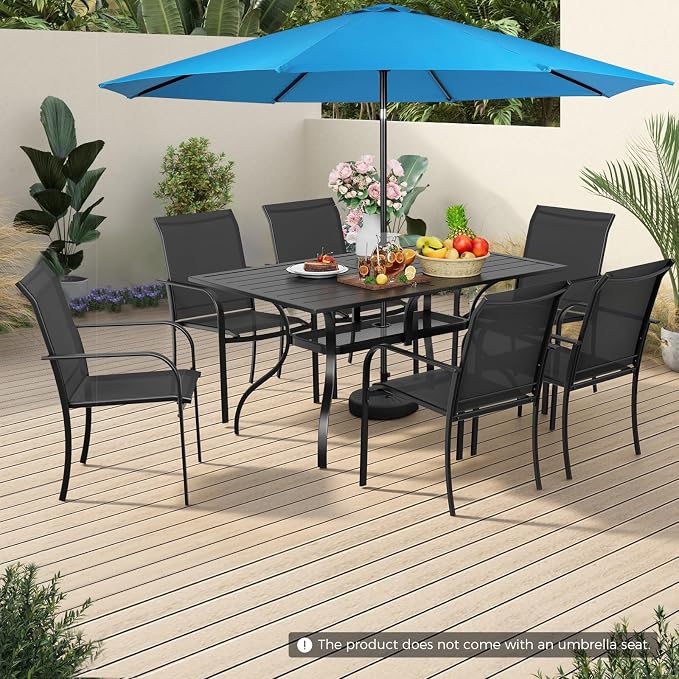 Incbruce 8 Pieces Patio Dining Set with Sky Blue Umbrella, Outdoor Dining Set of 6 Textilene Chairs and Rectangle Table with Umbrella Hole for Backyard, Garden, and Poolside (Black)