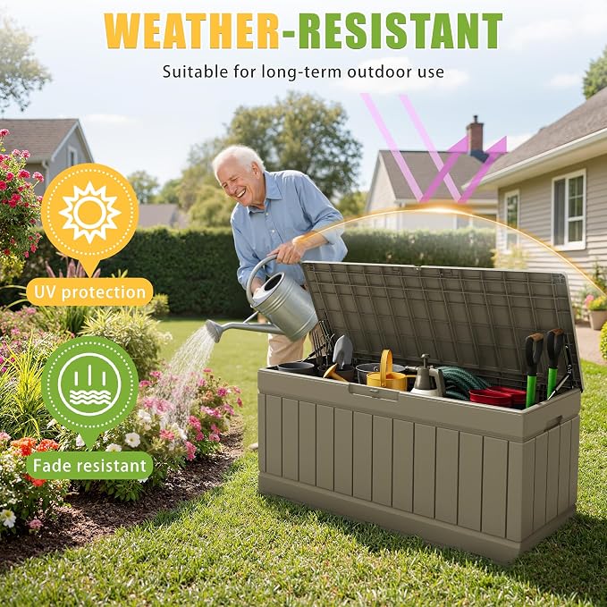 Greesum Outdoor Storage Box 82 Gallon Storage Bin with Lid for Patio Furniture, Garden Tools, Pool Supplies, Waterproof and UV Resistant, Lockable, Coffee