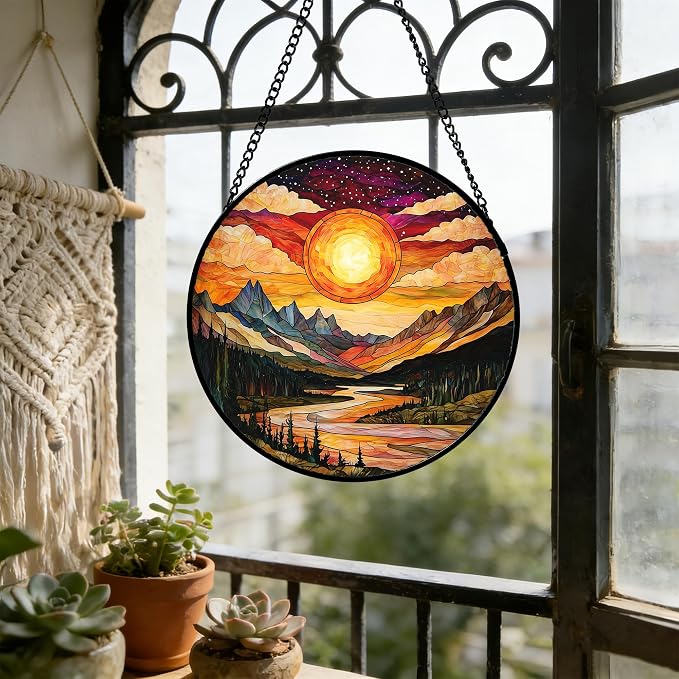 DASTOLL Stained Glass Window Hanging, Dusk Sunset Landscape Sun Catchers Glass Panel Lakes and Mountains Suncatcher Decor for Birthday for Women, Men, Wife, Aunt, and Mom 6.3 in