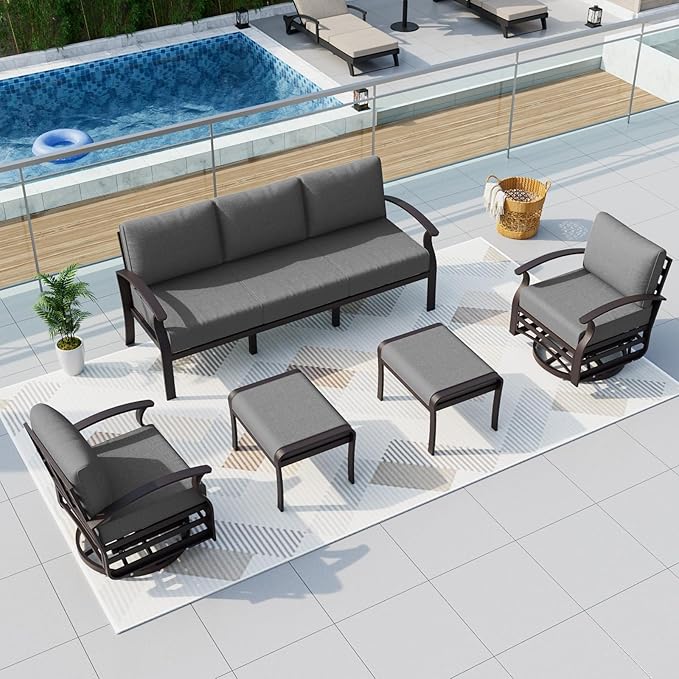 ALAULM Aluminum Patio Furniture Set with Swivel Chairs 7-seat Metal Outdoor Furniture Patio Sectional Sofas w/2 Ottomans for Porch, Backyard, Poolside-Grey