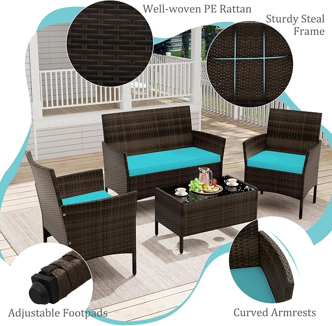 4 Piece Patio Furniture Set, Sectional Conversation Sofa Set with Glass Coffee Table, Cushions & Loveseat, Wicker Outdoor Table and Chairs for Pool, Garden, Deck, Backyard (2, Turquoise)