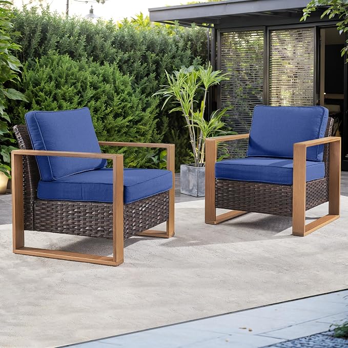 Rilyson Wicker Outdoor Patio Chairs Set of 2, Rattan Patio Furniture Chairs with Sturdy Frame,All-Weather PE Wicker,Wide Armrest,Deep Seating and Thick Cushions for Deck Porch Garden(Brown/Blue)
