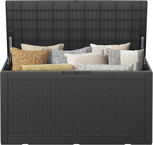 100 Gallon Extra Large Resin Deck Box with Hydraulic Rod ，Outdoor storage box with lockable lid, waterproof material, suitable for patio furniture, pool tools, outdoor equipment, gardening tools