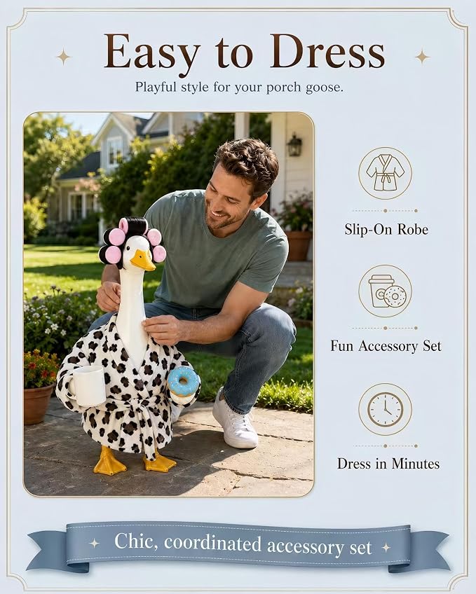 Goose Porch Outfit, 23-Inch Goose Statue, Leopard Print Bathrobe for Patio Home Decor, Comes with Curler, Waist Belt, Donut & Coffee Cup