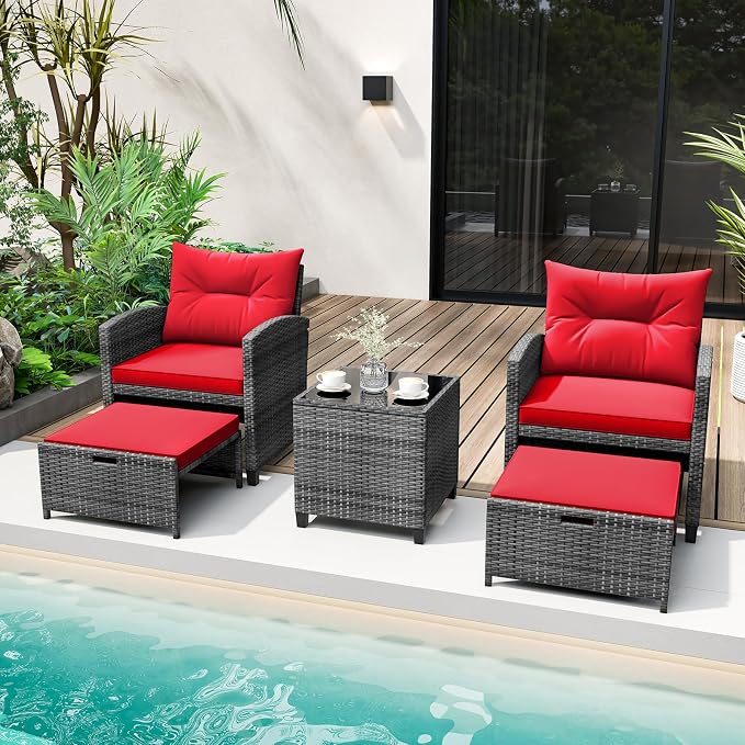Tangkula 5 Pieces Patio Conversation Set, PE Wicker Rattan Outdoor Furniture Set with 2 Chairs, 2 Ottomans & Tempered Glass Coffee Table, Ideal for Poolside, Backyard, Lawn, Deck, Mix Grey & Red