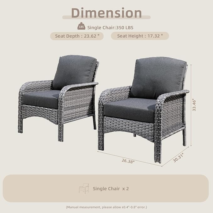 CAODOC 2 Pack Wicker Patio Furniture Chairs,Outdoor Rattan Chairs with Armrest Support 250 lb
