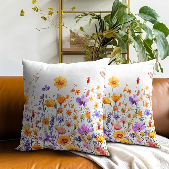 Colorful Wildflowers Pillow Covers 18x18 Inch, Set of 2 Yellow Purple Watercolor Floral Botanical Square Soft Cotton Pillowcases for Couch Bed Sofa Porch Patio Outdoor Home Decor