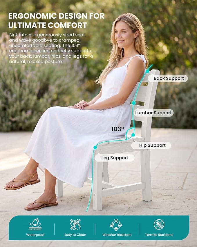 SERWALL Armless Outdoor Dining Cahir Set of 2, White | SERWALL Patio Dining Chair, All Weather Dining Chair Set of 2, Outdoor Dining Chair with Widened Seat, White