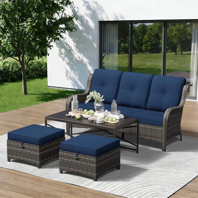 4-Piece Outdoor Couch Set, Includes Wicker Patio Sofa with Thickened Olefin Cushions, High Back and Deep Seating, Hand-Woven PE Rattan and 2 Ottomans, 1 Coffee Table for Porch, Deck