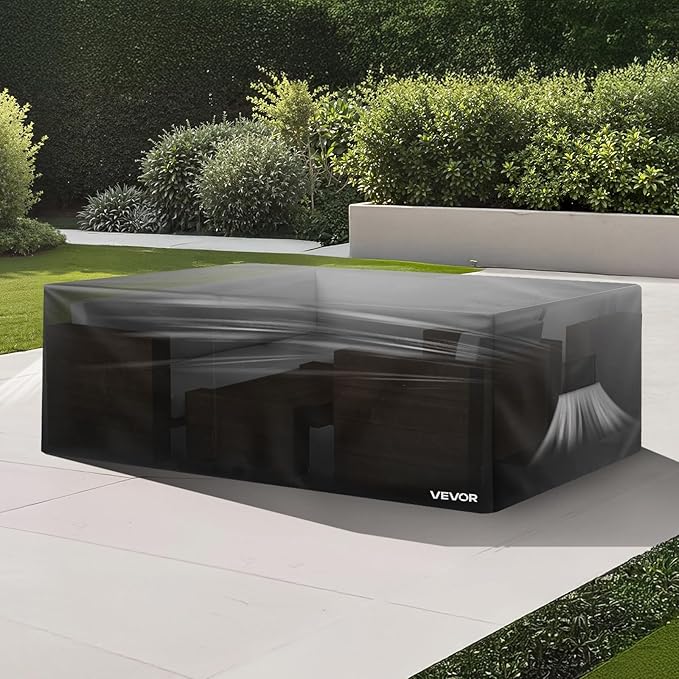 VEVOR Patio Furniture Cover, 420D Heavy Duty Waterproof Outdoor Dining Table and Chairs Cover, Large Rectangular Patio Table Covers with Air Vent for All Weather, 98L x 78W x 32H inch, Black