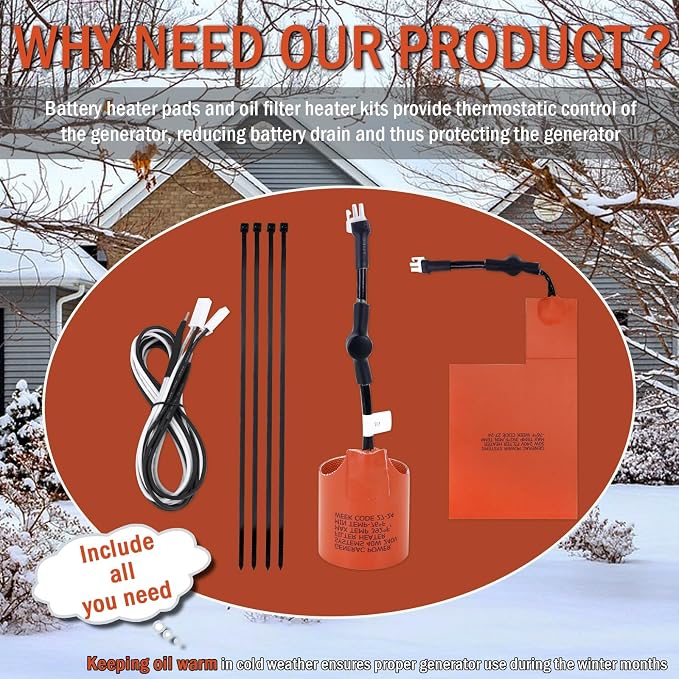 Kefly 7101 Battery Heater Pad ＆ 7102 Oil Heater Kit For 9kW-22kW Air Cooled Standby Generator, Battery Pad Warmer And Oil Filter Heater Kit Compatible With Generac generator