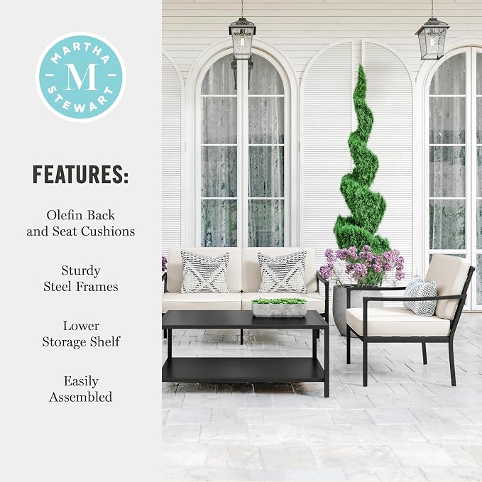 Martha Stewart Lily Pond 4-Piece All-Weather Conversation Set with Patio Loveseat, 2 Accent Chairs, and Coffee Table with Steel Frames in Black with Cream Cushions