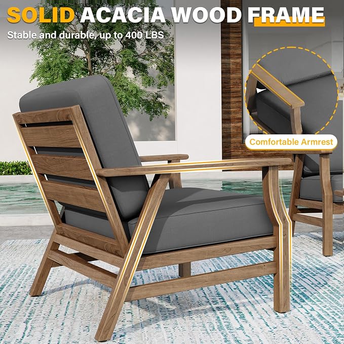 3 Piece Wood Patio Chair Outdoor Bistro Set, Outdoor Armchair All Weather Patio Sofa Furniture Backyard Conversation Sets with Wooden Side Table, Gray
