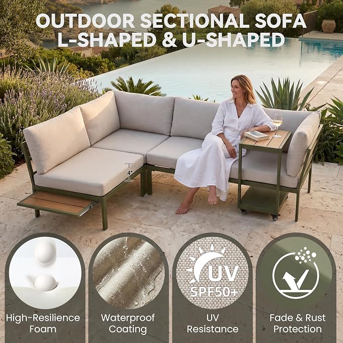 Patio Sectional Sofa Set, Outdoor Conversation Furniture Set, Outdoor Couch Sectional, Outside Sets, Patio Furniture Sets for Backyard, Garden, Lawn, Poolside, Beige