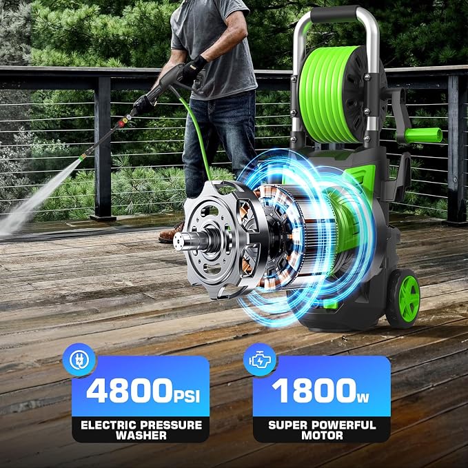 4800PSI Electric Pressure Washer- 3.8GPM High Power Washer with 33FT Hose Reel, 4 Spray Tips and Soap Bottle for Car Washing, Fence Cleaning, Patio Maintenance（Upgraded） (Green)