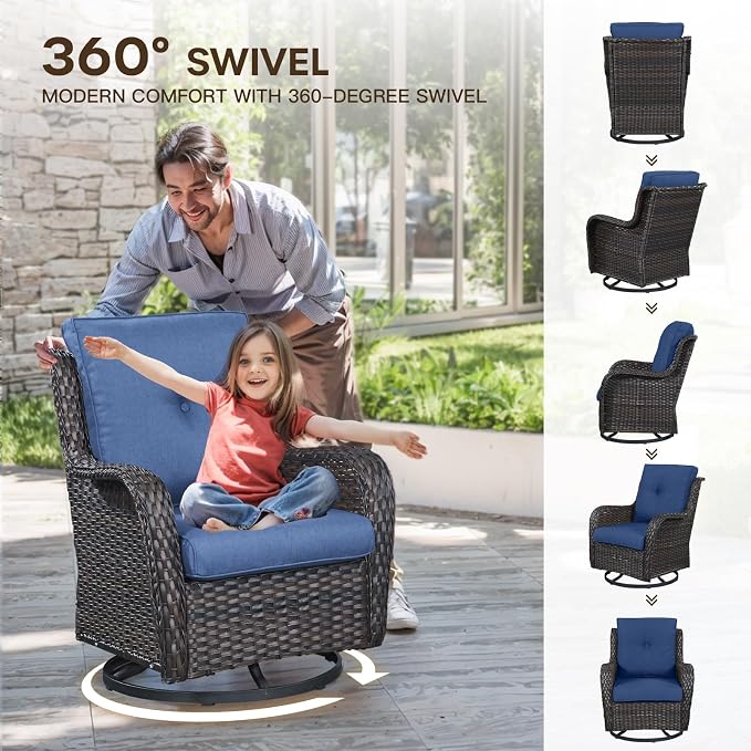 Patio Loveseat Glider Set, Resin Wicker Loveseat Glider with 4 Swivel Patio Chiars Rectangular Firepit Table, 7 Piece Patio Conversation Loveseat Set, Brown Wicker|Blue Cushions