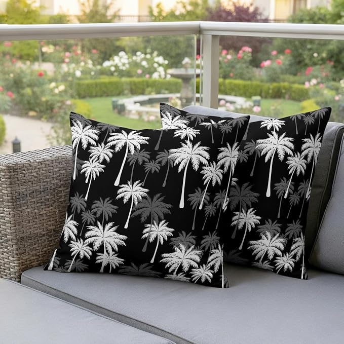 Throw Pillow Covers 16x16 Inch Set of 2, Tropical Palm Tree Waterproof Outdoor Pillow Covers, Black White Plants Coastal Leaf Beach Decorative Cushion Pillowcases for Couch, Sofa, Bed, Garden, Patio