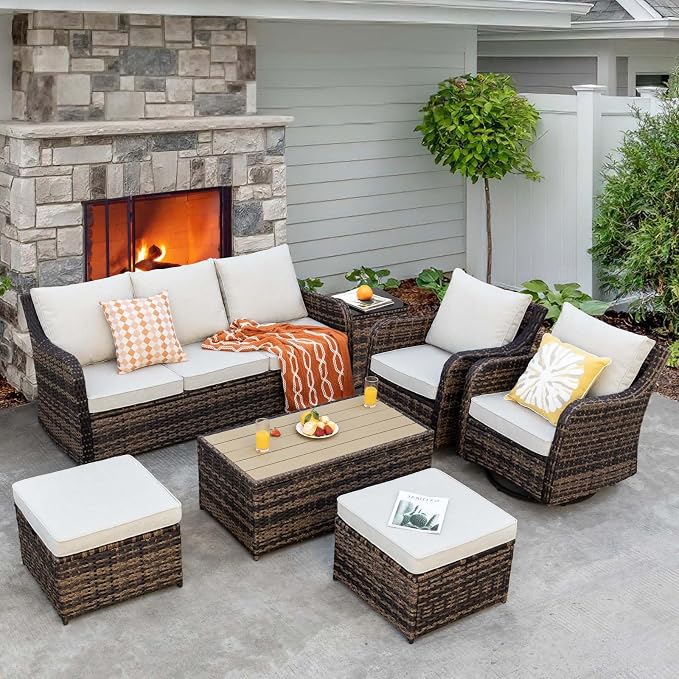 MEISSALIVVE 7 Pieces Patio Furniture Set with Swivel Chair, Outdoor Patio Conversation Set, Patio Sectional Furniture Set with 2 Swivel Rocker Patio Chair and Sofa, 2 Ottomans and Coffee Table (Brown)