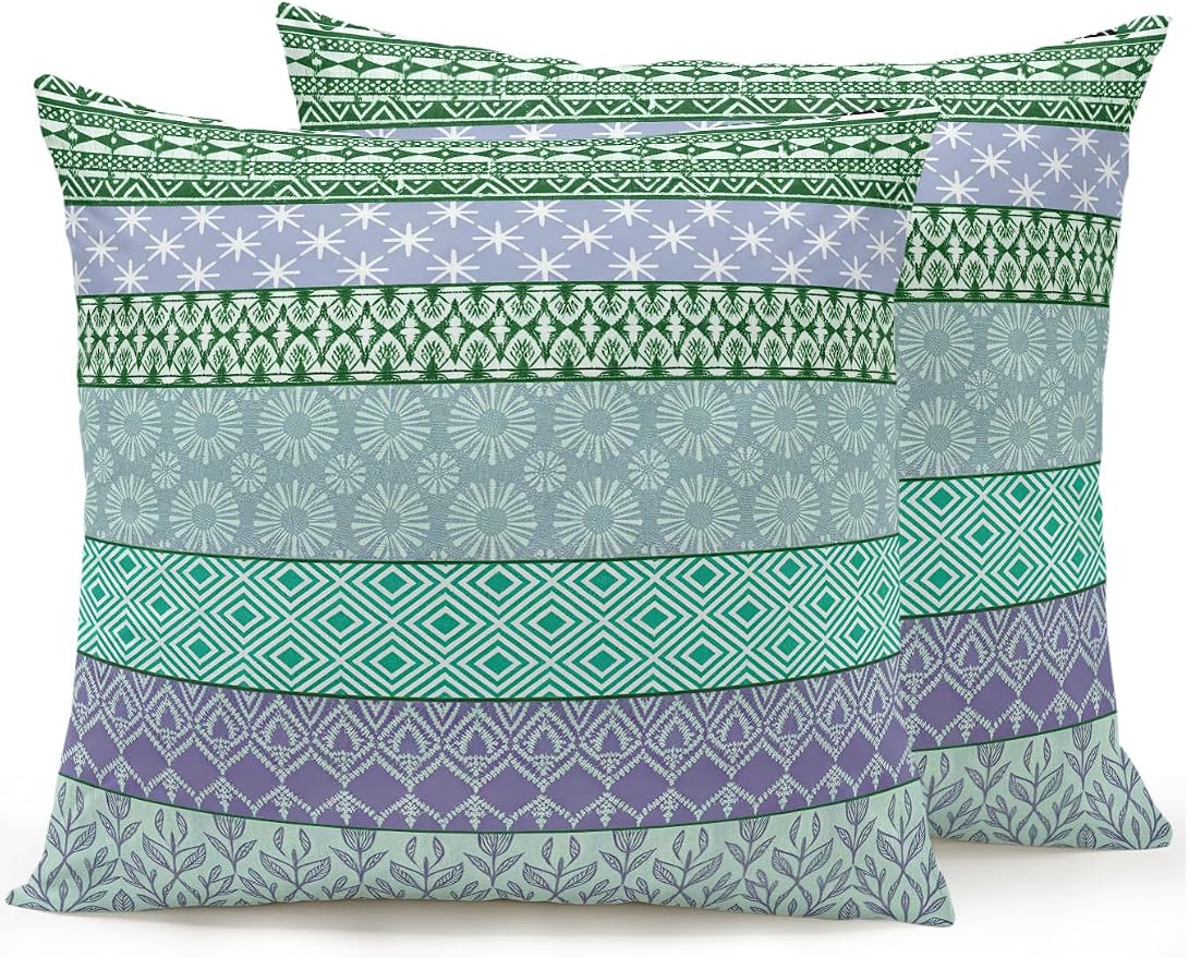 Waterproof Outdoor Pillow Set of 2 Turquoise Bohemian Decorative Throw Pillows Cover & Insert 16x16 Inch Pillowcase Boho Style Floral Leaves Geometric Pillows for Couch Sofa Bed Patio Furniture