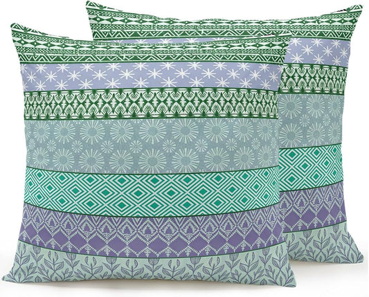Waterproof Outdoor Pillow Set of 2 Turquoise Bohemian Decorative Throw Pillows Cover & Insert 16x16 Inch Pillowcase Boho Style Floral Leaves Geometric Pillows for Couch Sofa Bed Patio Furniture