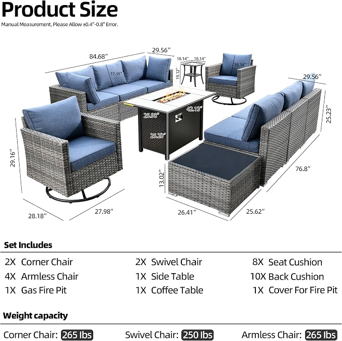 CAODOC 11 Piece Outdoor Patio Furniture Set with 42" Fire Pit Table, Wicker Sectional Conversation Set Whit Swivel Chairs,Modern Outside Sofa for Balcony Backyard(Blue)