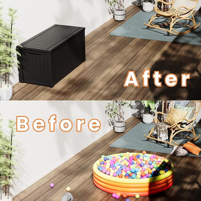 320 Gallon Waterproof Outdoor Storage Box, Lockable Deck Boxes With Handle, Indoor and outdoor Resin Storage Box for Garden Tools, Patio Cushions, Package Delivery, Black