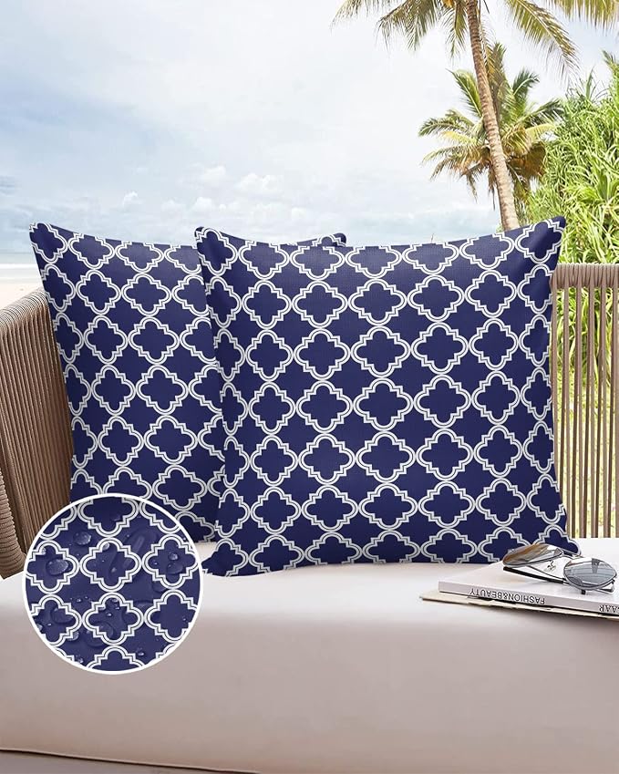 Outdoor Waterproof Pillow Covers for Patio Moroccan Pattern Decorative Throw Pillow Cover Geometric Trellis Navy Blue Pillowcases Set of 2 Cushion Case for Sofa Couch Chair Home Decor 20x20 inch