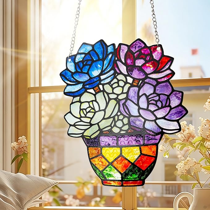 Plant Suncatcher Glass, Stained Glass Suncatcher Plant Window Hanging, Unique Nature Lover Gifts Leaf (Succulent)