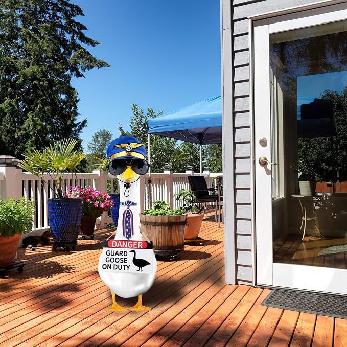 CAMDUCK 4 Pcs Porch Goose Accessories Porch Goose Sign Air Force Hat Eyeglasses Necktie Wooden Danger Guard Goose on Duty Warning Sign Goose Outfits Decor for Yard Porch Lawn