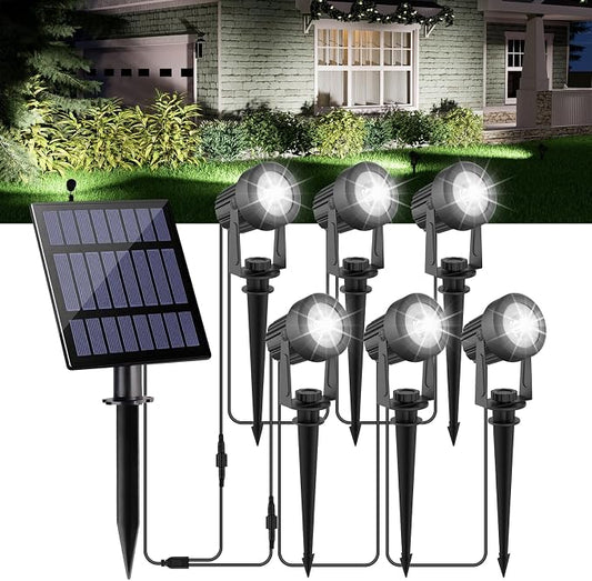 Solar Spot Lights Outdoor, 6000K Cool White Landscape Spotlights IP65 Waterproof 9.8ft Cable, Dusk to Dawn Solar Uplights for Trees Garden Yard Driveway Porch Walkway Pool (6-in-1)