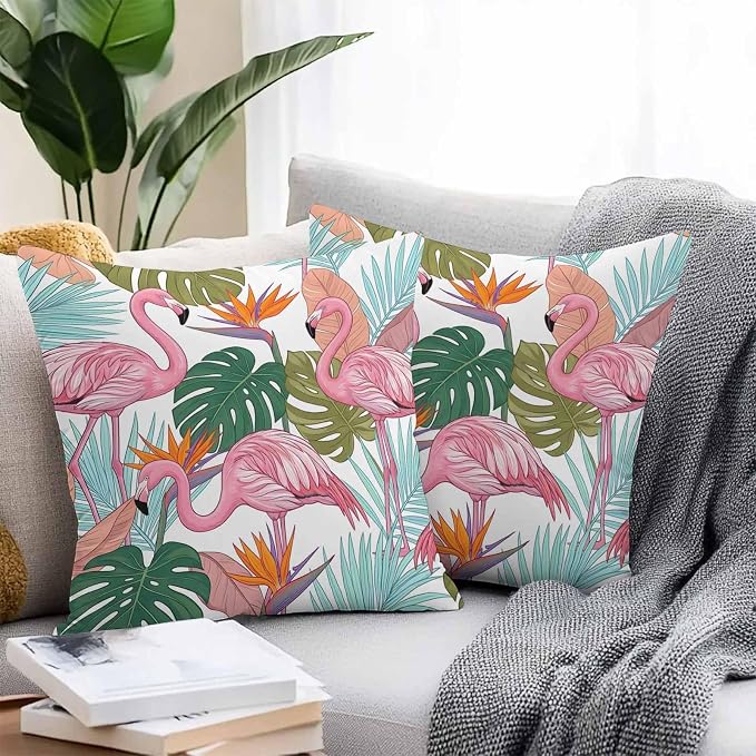 Pink Flamingos Outdoor Pillow Covers 24"x24" Set of 2, Watercolor Monstera Leaf Green Tropical Plant Waterproof Throw Pillow Covers for Patio Furniture, Decorative Cushion Covers for Porch